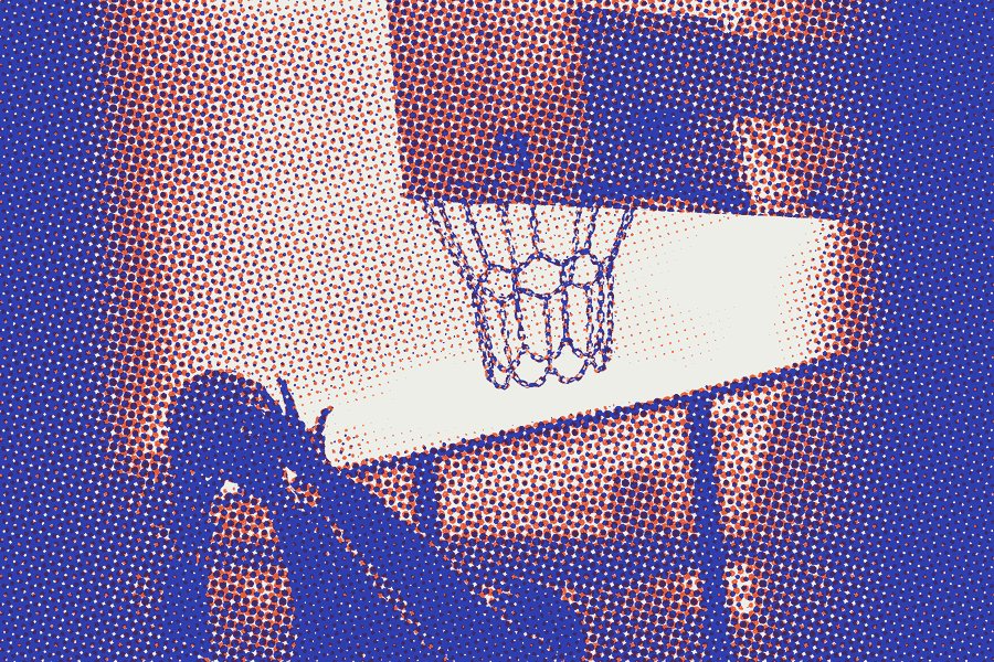 Players reaching for the ball under a chain net