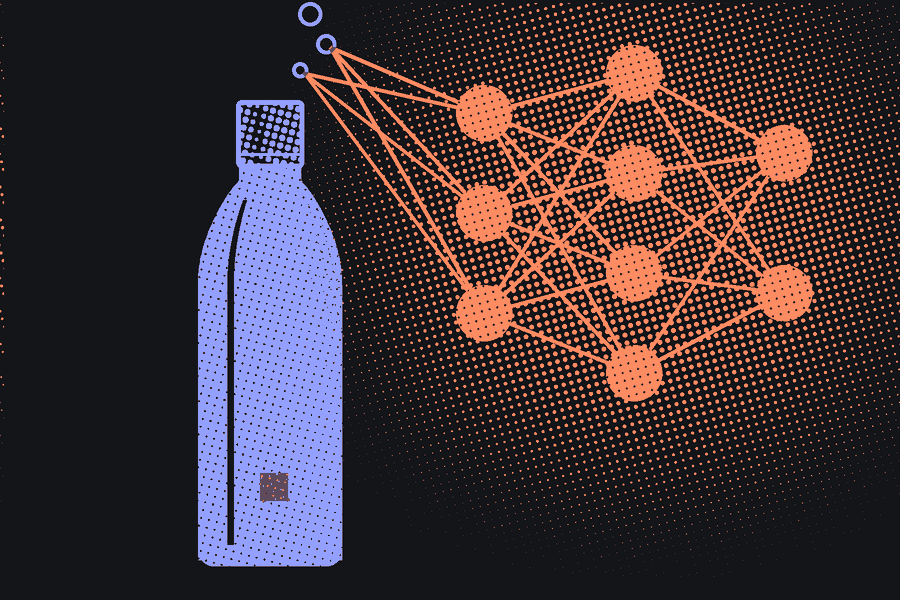 An insulated water bottle whose rising bubbles turn into a neural network
