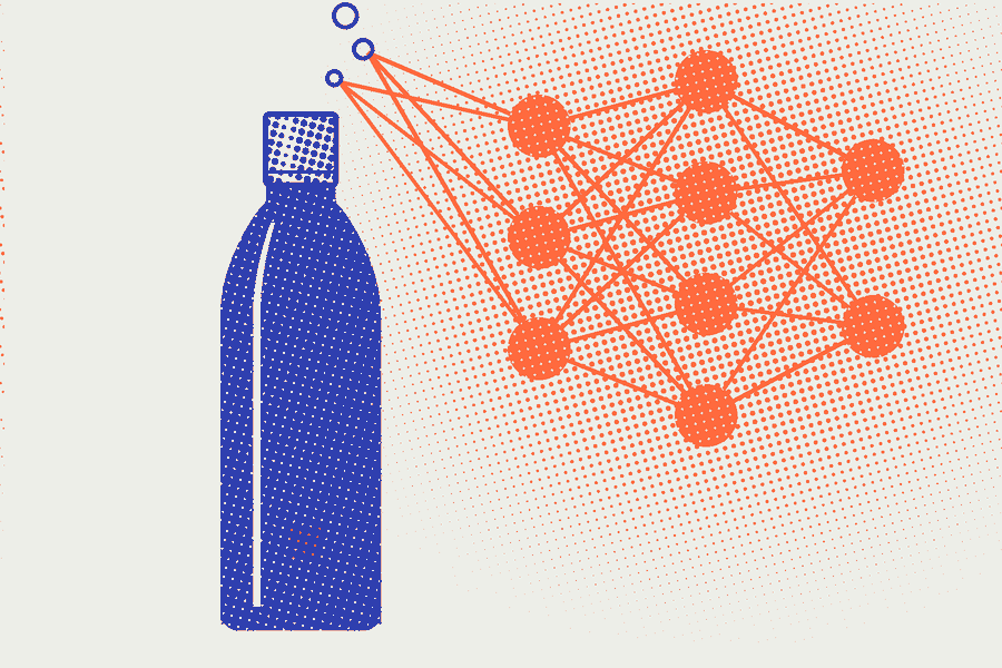 An insulated water bottle whose rising bubbles turn into a neural network